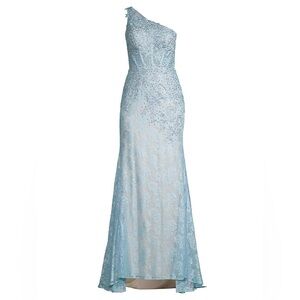 Mac Duggal one shoulder blue sequin long dress 14